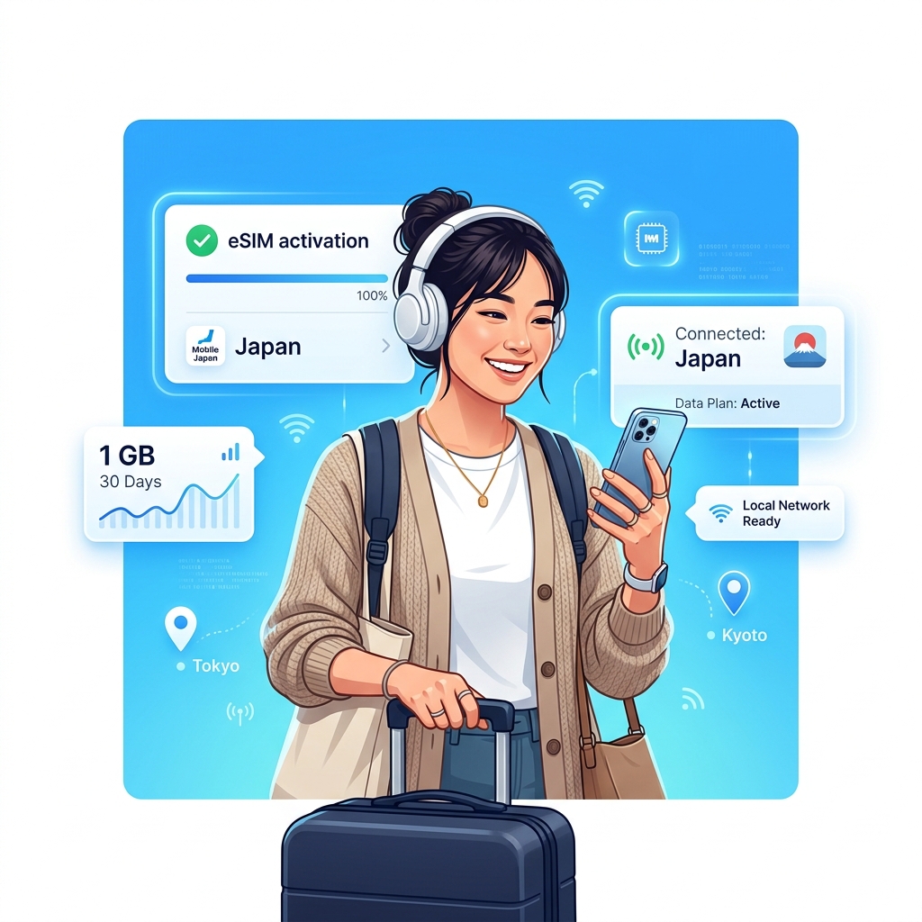 Traveler using mobile data with Mojo eSIM